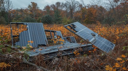 Broken solar panels in nature, highlighting renewable energy equipment waste