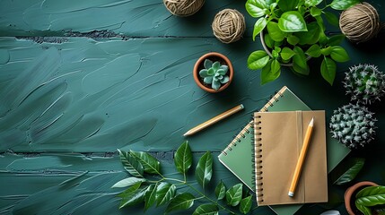 Green-themed educational setup with recycled notebooks, wooden pencils, and a potted plant on a desk, ample copy space at the bottom with a green border, highlighting eco-friendly school initiatives