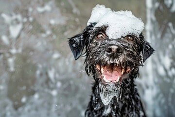 Happy and playful cute dog playing in a foam bath with foam on his face, photography style