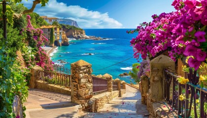 Breathtaking Mediterranean Coastline View with Vibrant Flowers and Historic Architecture