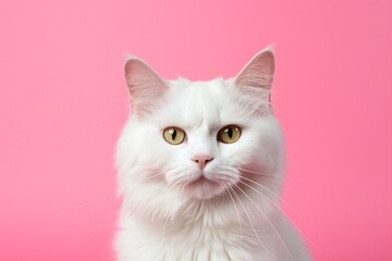 Portrait of a funny manx cat while standing against solid color backdrop