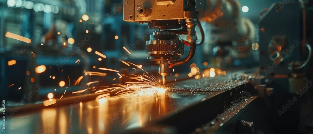 Poster closeup view of robotic arm using advanced laser technology to cut materials with sparks flying in d