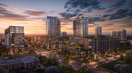 Obraz premium Urban development project featuring mixed-use buildings, showcasing integrated residential, commercial, and recreational spaces in a vibrant cityscape, emphasizing community and modern living. 
