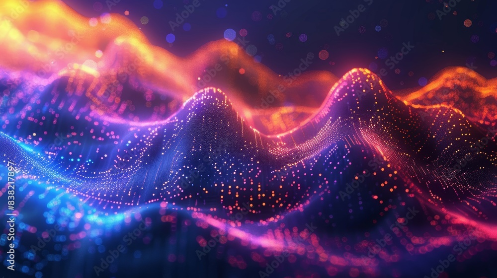 Poster digital abstract background with neon low poly waves and particles
