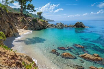 Fototapeta premium Scenic coastal cove with clear turquoise water, rocky cliffs, and lush greenery under a bright blue sky on a sunny day.