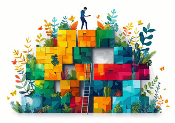 Naklejka premium Strategic Project Planning and Teamwork Concept with Colorful Building Blocks and Nature Elements Minimalistic Vector Illustration