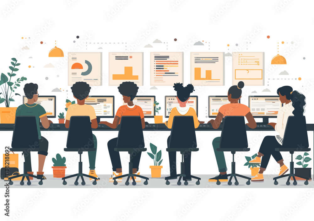 Poster web development team working on computers, minimalistic office setting, diverse team collaboration, 
