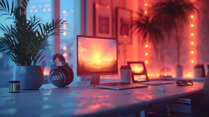 Stylish workspace featuring a laptop, tablet, and headphones, digital interface glowing on the screens, ample copy space on the right for promoting online learning platforms and tools, minimalistic.