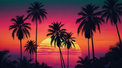 Obraz premium Palm trees silhouette against the vivid neon hues, tropical background in the neon glow of sunset or dawn