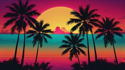 Palm trees silhouette against the vivid neon hues, tropical background in the neon glow of sunset or dawn