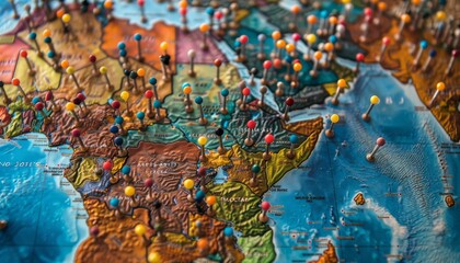 Global Connectivity Concept: Colorful Pins Marking Destinations on a World Map