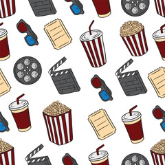 Seamless pattern with colored cinema equipment - 3d glass, tickets, camera, film roller, clapboard, glass with soda drink and popcorn bucket isolated on white background. Packaging, wrapping paper
