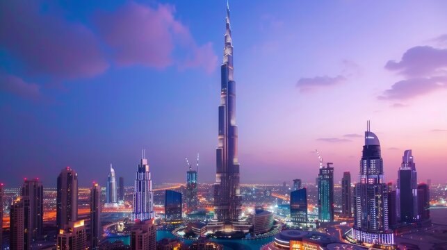 The Burj Khalifa piercing the sky at twilight, with surrounding city lights and bustling streets below, emphasizing vertical grandeur and modernity.