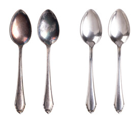 Tarnished and cleaned sterling silver spoons, isolated from above. On the left side two coffee...