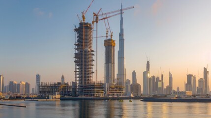 Naklejka premium The rising Dubai Creek Tower, with cranes and construction activity, set against the modern skyline of Dubai, emphasizing its ambitious height