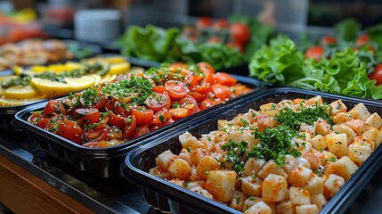 Obraz premium A bright and appealing cafeteria scene with a variety of healthy school meals displayed neatly on trays, including salads, fruits, and sandwiches.