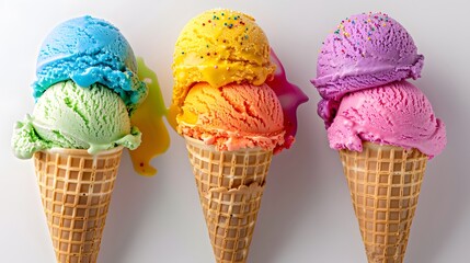 Three colorful ice cream cones each with double scoops in blue, green, yellow, orange, purple, and pink, topped with sprinkles.