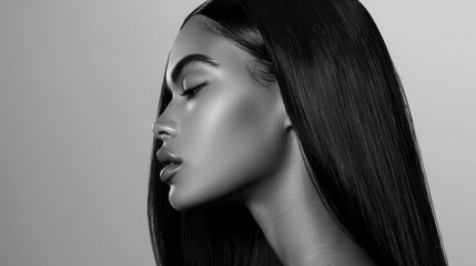 Professional photo shoot featuring a model with a sleek, straight hairstyle, showcasing the smooth texture and shine