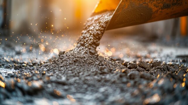 Fresh concrete pouring from mixer on construction site with sandy background