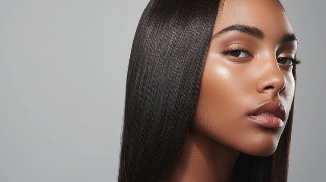 Professional photo shoot featuring a model with a sleek, straight hairstyle, showcasing the smooth texture and shine