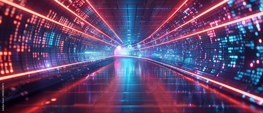 Poster futuristic digital tunnel with glowing neon lights, representing data flow and high-speed internet c