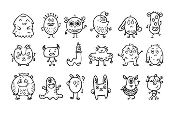 Monster alien doodle set, funny and cutes monster, hand drawn cartoon line monsters.