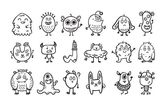 Monster alien doodle set, funny and cutes monster, hand drawn cartoon line monsters.