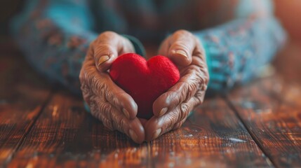 Fototapeta premium Senior person's hands with a red heart placed on a wooden table, representing the love and care received from family caregivers