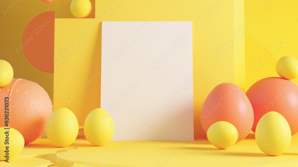 Poster background 3d render scene with white rectangle, podium, yellow and red ball. minimalist and geometr