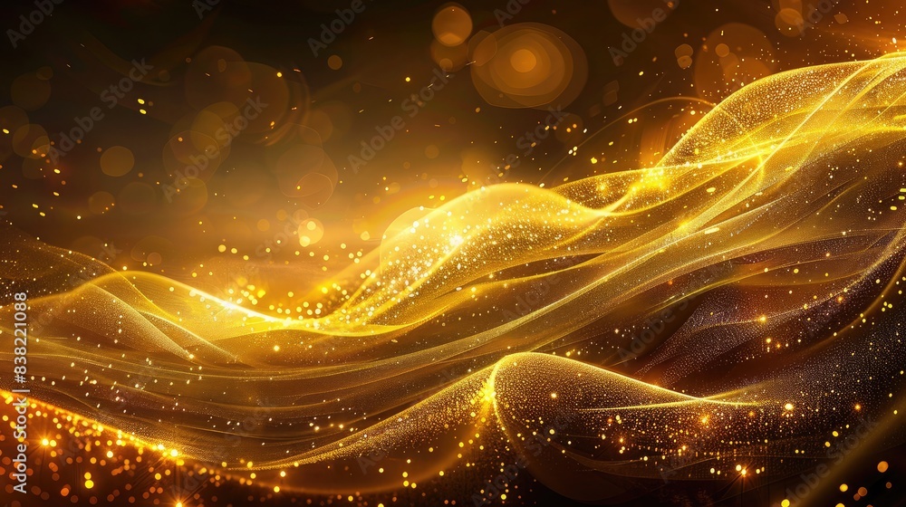 Poster shimmering abstract background with golden light streaks and particles, adding a luxurious and festi