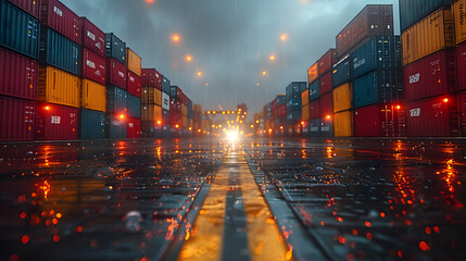 A rainy night at a container port with colorful shipping containers and illuminated lights reflecting on the wet ground