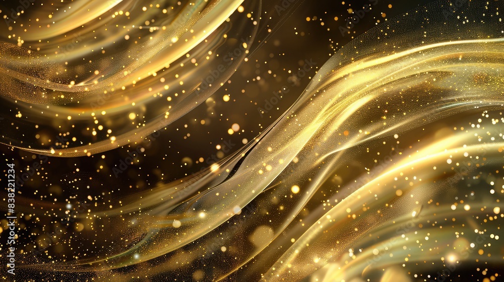 Poster shimmering abstract background with golden light streaks and particles, adding a luxurious and festi