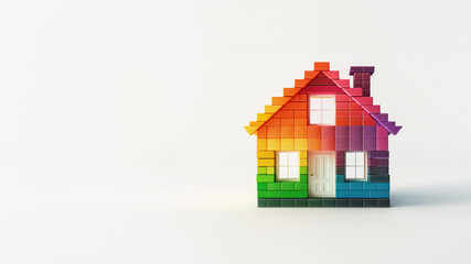Minimalistic rainbow house made of blocks on white background, large space for copy