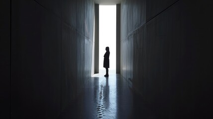 Silhouette of a person standing in a dark hallway with an open door at the end, light flooding in from outside