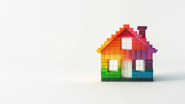 Minimalistic rainbow house made of blocks on white background, large space for copy