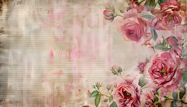 Vintage shabby chic Pink Lined textured showing text grunge shabby chic background, Roses Collage