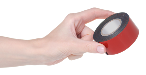 Double-sided tape sticky in hand on white background isolation