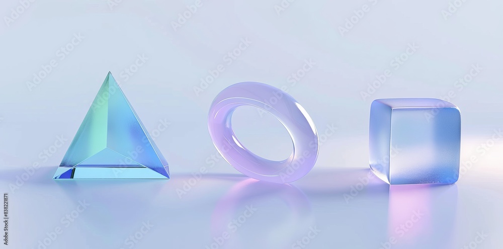 Poster 3d render of geometric shapes with holographic gradient textures, crystal rainbow objects, graphic e