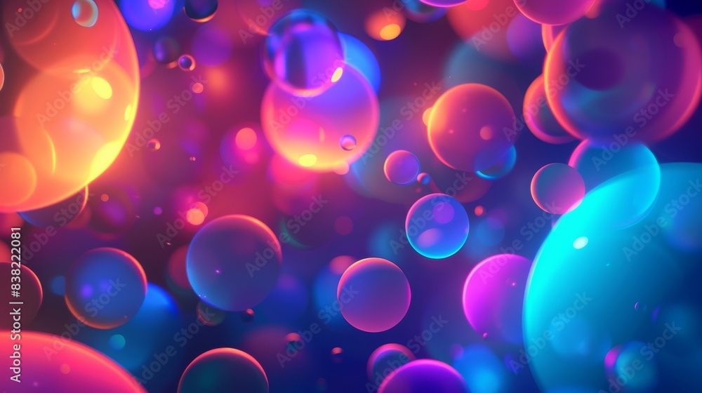 Aufkleber this 3d render features a background made of neon rings and glowing bubbles. there are round shapes 