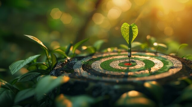 Green bullseye target representing carbon neutrality, dart hitting the center