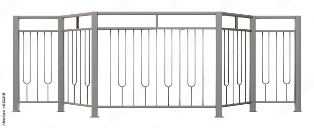 Poster 3d illustration features a sleek metal balustrade with handrail, reflecting the influence of art dec