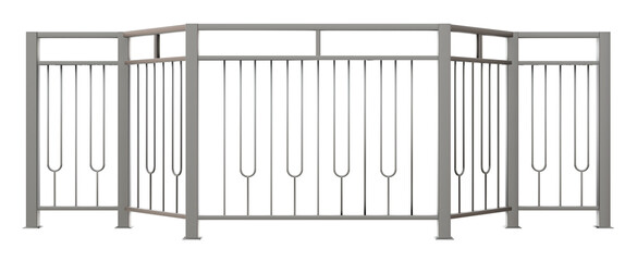 Fototapeta premium 3D illustration features a sleek metal balustrade with handrail, reflecting the influence of Art Deco with a simple round pattern. A versatile element for modern architectural designs. 
