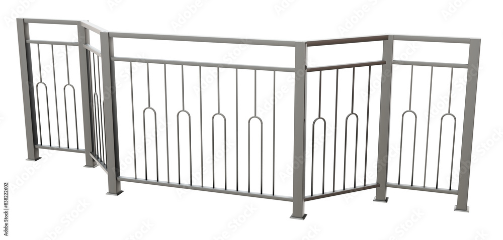 Poster 3d illustration features a sleek metal balustrade with handrail, showcasing a simple round pattern w