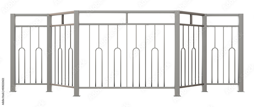 Poster 3d render showcases a sleek metal balustrade with handrail, featuring a captivating round pattern in
