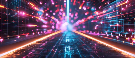 Fototapeta premium High-speed data depicted through a vibrant neon-lit tunnel