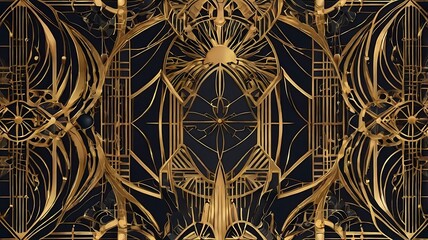 Vector abstract art deco luxury pattern featuring golden vintage geometric shapes, arches, and swirls.