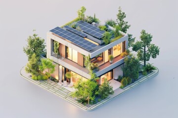 Intricate 3D house with solar panels. Natural energy resource. Generative AI.