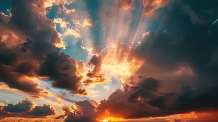 Obraz premium Sunset with God rays streaming through dark clouds, highlighting the contrast between light and darkness in the sky