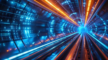Obraz premium High-tech tunnel with blue and orange neon lights, symbolizing advanced technology and data transfer