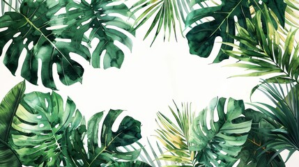 Lush tropical leaves frame on white background. Botanical greenery flat lay. Perfect for nature-themed designs, invitations, and backgrounds.
